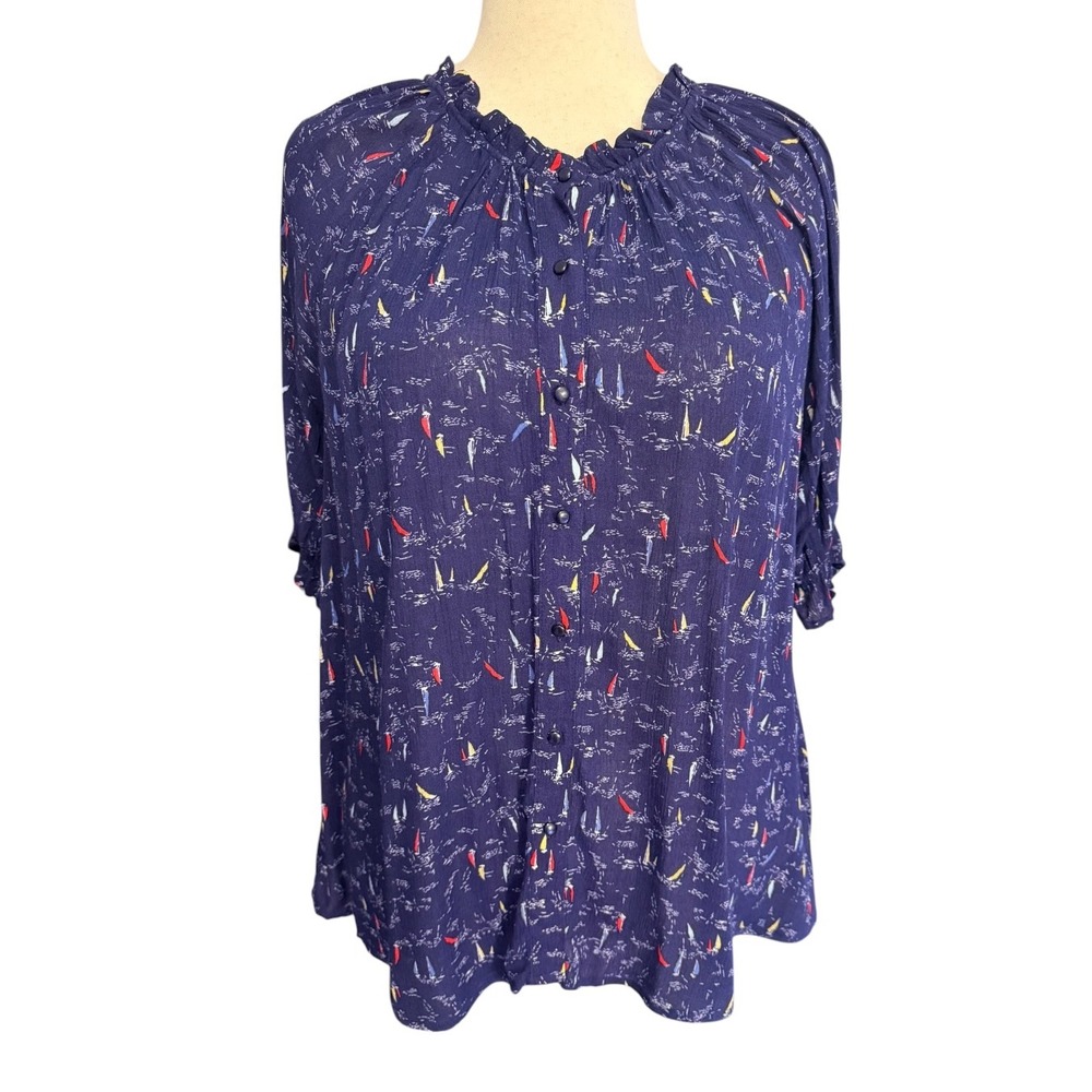 East Adeline Navy Blue Sailboat Print Ruffle Neck Blouse Plus Size 1X XT1W18